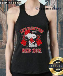 Alt Text: Cute Snoopy in a red tank top with Life Is Better With Red Sox slogan, perfect for baseball fans and summer wear.