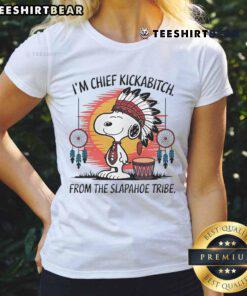 Alt Text: Cute Snoopy Native Im Chief Kickabitch retro ladies tee from the Slapahoe Tribe, featuring a playful design.