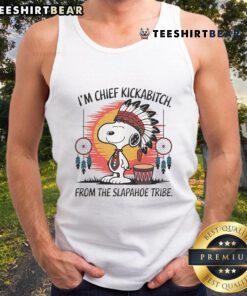 Alt Text: Cute Snoopy Native Im Chief Kickabitch retro tank top featuring a playful design from the Slapahoe Tribe.
