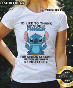 Cute Stitch graphic tee featuring 'I'd like to thank my finger for always sticking up for me' design for women.