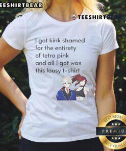 Alt Text: Funny anime tee featuring 'I got kink shamed for Tetro Pink' design, perfect for anime fans and humor lovers.