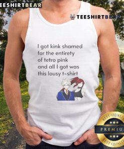 Funny anime meme about getting kink-shamed, featuring a character in a tank top with the caption 'I got kink-shamed for Tetro Pink.'