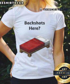 Funny backshot of a Minecraft bed with ladies tee design, showcasing playful graphics and vibrant colors for fans.