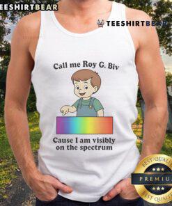Funny LGBT tank top featuring 'Call My Roy G. Biv' slogan, celebrating visibility on the spectrum with vibrant colors.