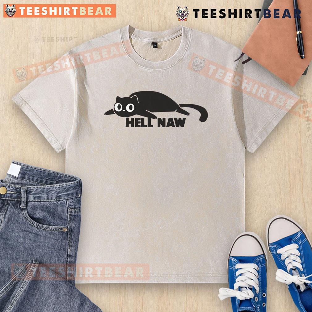 Funny cat in a 'Hell Naw' washed t-shirt, showcasing a humorous expression and vibrant colors.