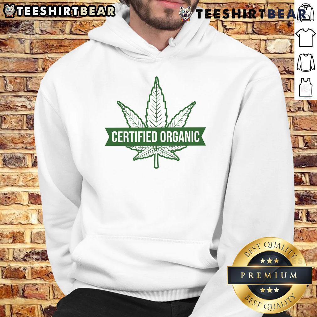 Funny Certified Organic Cannabis Leaf Hoodie featuring a playful design, perfect for cannabis enthusiasts and eco-conscious wearers.