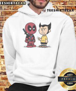 Funny Deadpool and Wolverine angry boys design on a Peanuts hoodie, perfect for comic book fans and casual wear.