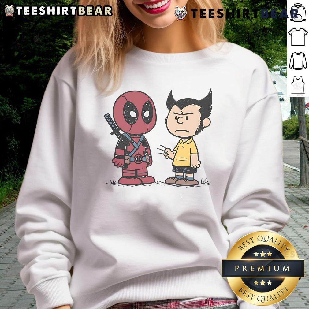 Funny Deadpool and Wolverine Angry Boys Peanuts sweatshirt featuring vibrant comic art and playful characters.