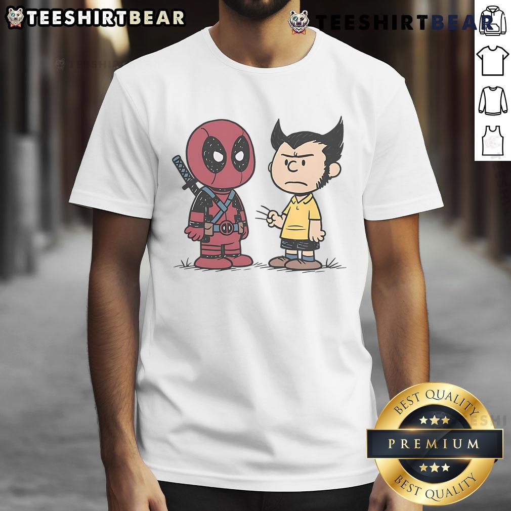 Alt Text: Funny Deadpool and Wolverine Angry Boys Peanuts T-Shirt featuring comic characters in vibrant colors and playful design.