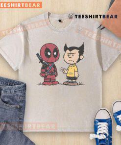 Funny Deadpool and Wolverine angry boys graphic on a Peanuts washed t-shirt, perfect for comic book fans.