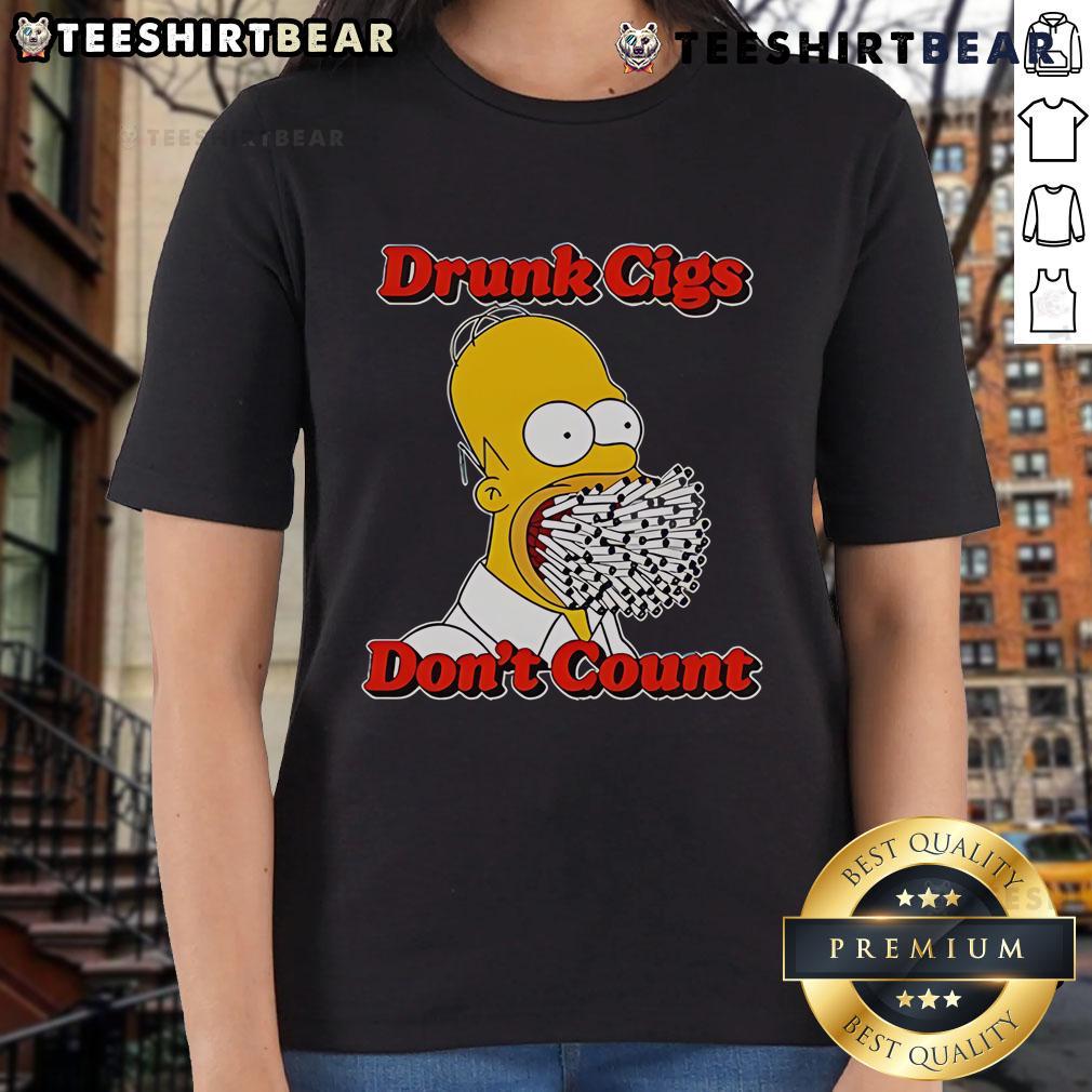Funny drunk Homer Simpson graphic on a ladies tee, humorously stating 'Cigs don't count' for casual wear.