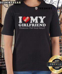 Alt Text: Funny 'I Love My Girlfriend' tee with bandage heart design, perfect for ladies looking for humorous gifts.