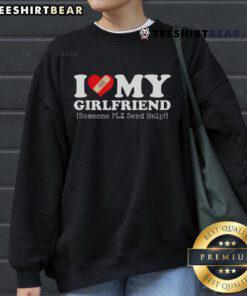 Funny 'I Love My Girlfriend' sweatshirt with a bandage heart design, perfect for expressing love and humor in style.