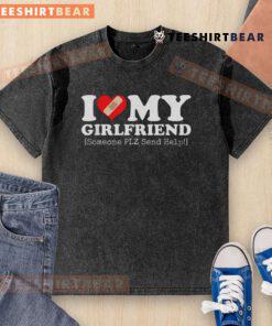 Alt Text: Funny I Love My Girlfriend bandage heart graphic on a washed t-shirt, perfect for casual wear and humor.