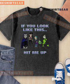 Funny goth girl wearing a washed t-shirt, smiling playfully, showcasing unique style and personality.