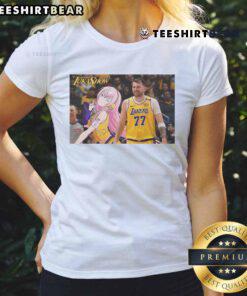 Funny Luka x LukaShow anime ladies tee featuring Los Angeles Lakers design, perfect for basketball and anime fans.