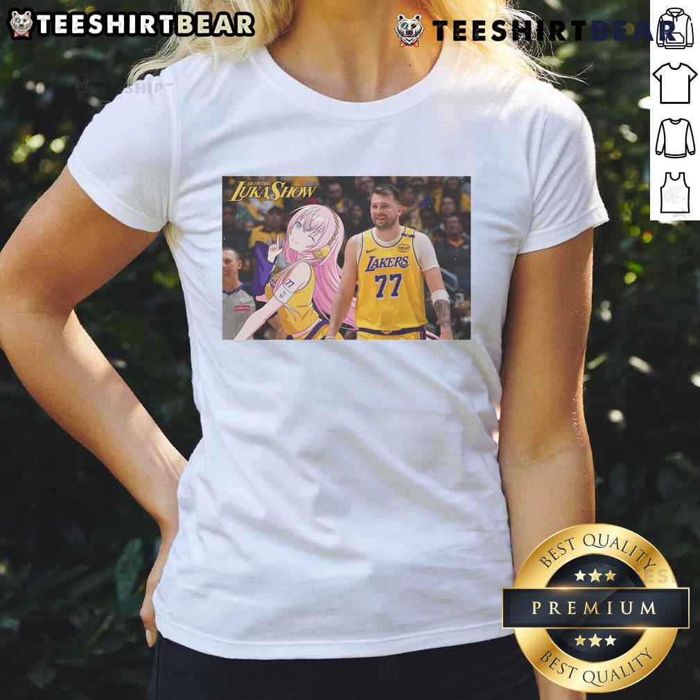 Funny Luka x LukaShow anime ladies tee featuring Los Angeles Lakers design, perfect for basketball and anime fans.