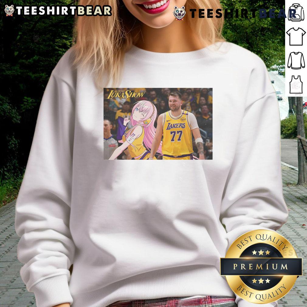 Funny Luka x Luka Show anime sweatshirt featuring the Los Angeles Lakers logo, perfect for basketball fans and anime lovers.