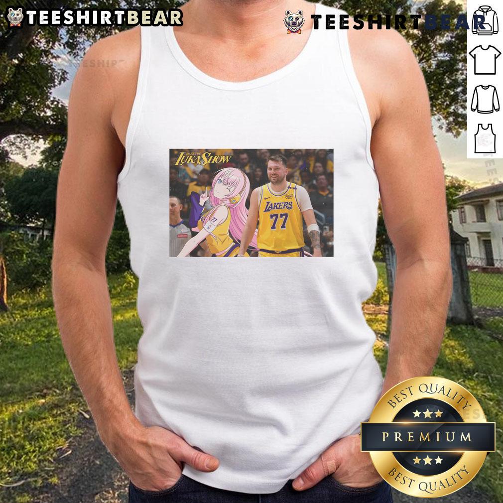 Funny Luka x Luka Show Anime Tank Top featuring Los Angeles Lakers design, perfect for basketball fans and anime lovers.