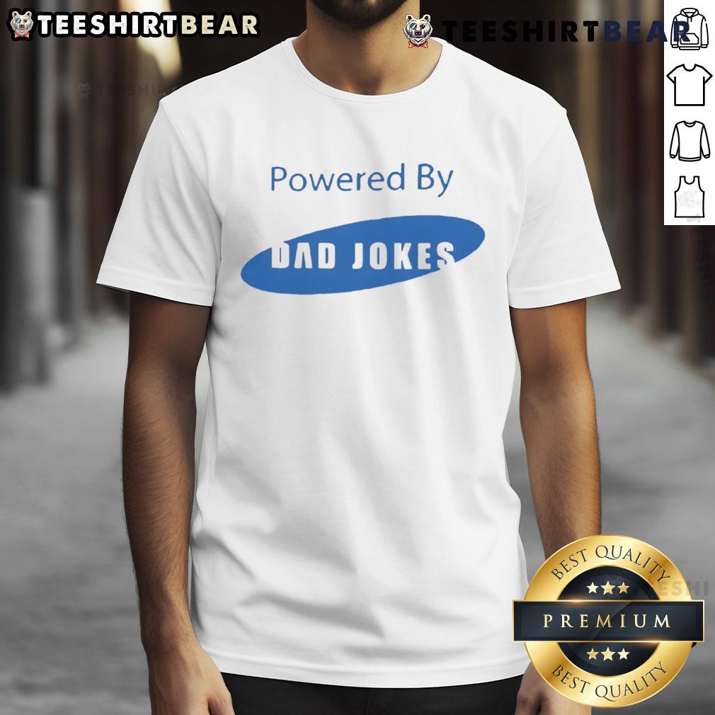 Funny Powered By Dad Jokes Samsung Logo T-Shirt featuring a playful design perfect for dad joke enthusiasts.