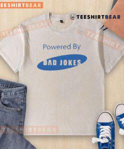 Funny Powered By Dad Jokes Samsung logo on a washed t-shirt, perfect for dad joke lovers and casual wear.