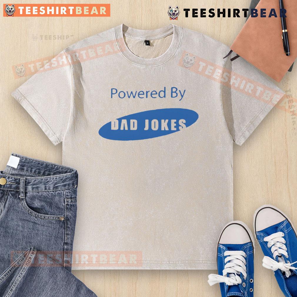 Funny Powered By Dad Jokes Samsung logo on a washed t-shirt, perfect for dad joke lovers and casual wear.