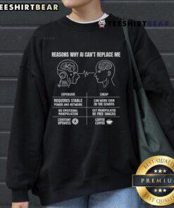 Funny Reasons Why AI Can't Replace Me Sweatshirt design featuring humorous text and vibrant colors, perfect for tech lovers.