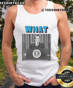 Funny Richard Nixon wearing a humorous tank top, showcasing his iconic grin and playful personality.