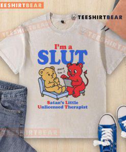 Funny SLUT Satan's Little Unlicensed Therapist washed t-shirt design featuring humorous graphics and playful text.