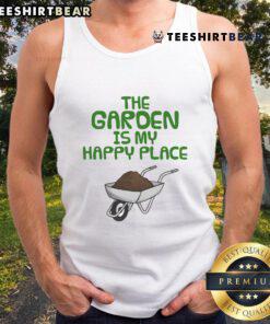 Funny tank top with 'The Garden Is My Happy Place' slogan, featuring a colorful gardening wheelbarrow design.