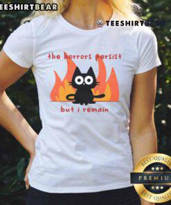 Funny Trauma Cat graphic on a ladies tee, featuring a humorous take on horror themes and resilience. Perfect for cat lovers.