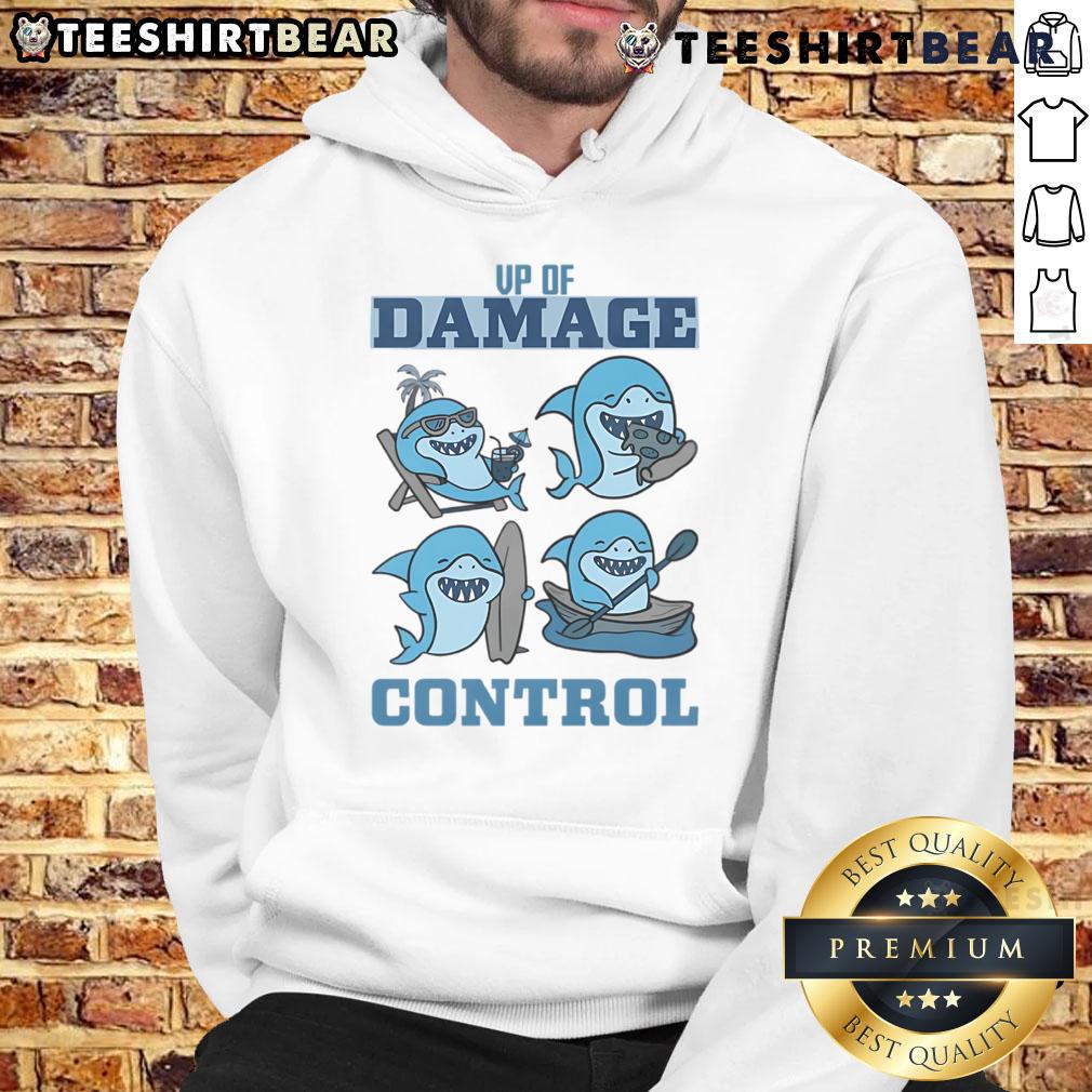 Funny VP of Damage Control wearing a shark hoodie, showcasing a playful and humorous style in a casual setting.