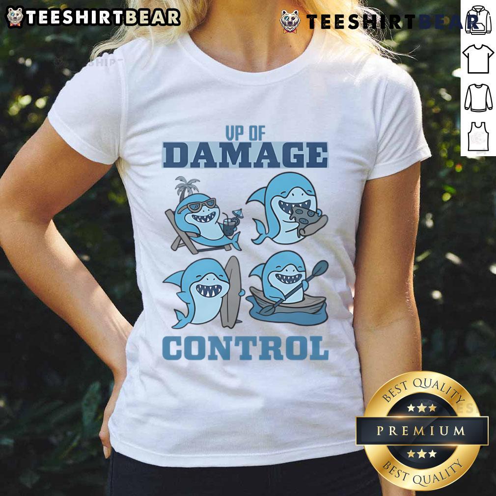 Funny VP of Damage Control Shark Ladies Tee featuring a playful shark graphic and humorous text for casual wear.