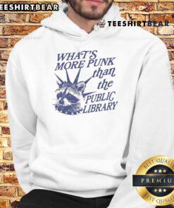 Vintage raccoon hoodie featuring the phrase 'What's More Punk Than The Public Library?' for a quirky style.