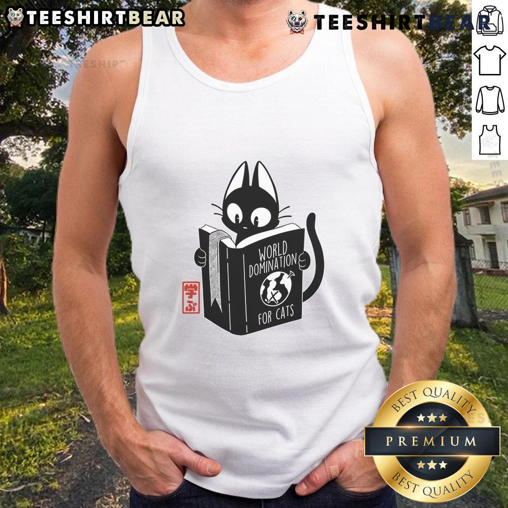 Cute tank top featuring 'Funny World Domination for Cats' design, perfect for cat lovers and humor enthusiasts.