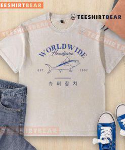 Funny Worldwide Handsome Korea Tuna Est 1992 washed t-shirt featuring a playful design and vibrant colors.