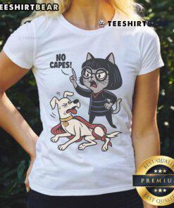 Funyn Cat No Capes Super Hero Dog Ladies Tee featuring a playful graphic of a superhero cat and dog duo.