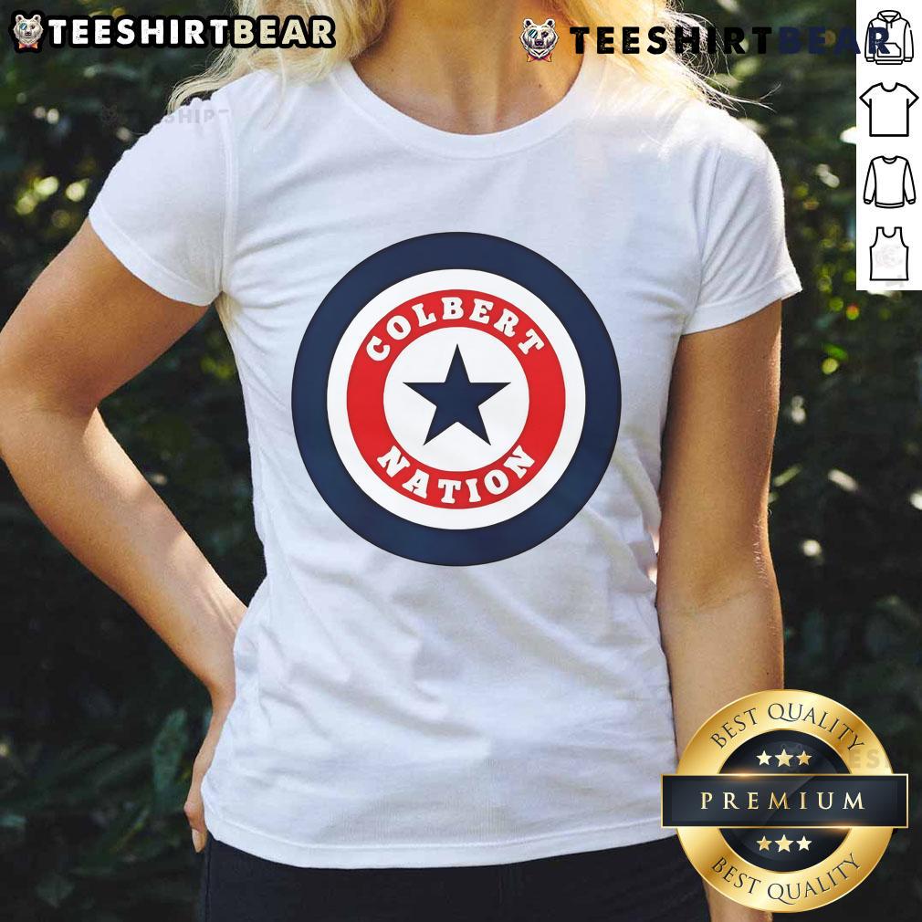 Good Colbert Nation Stephen Colbert 2025 logo on a stylish ladies tee, perfect for fans of the late-night show.