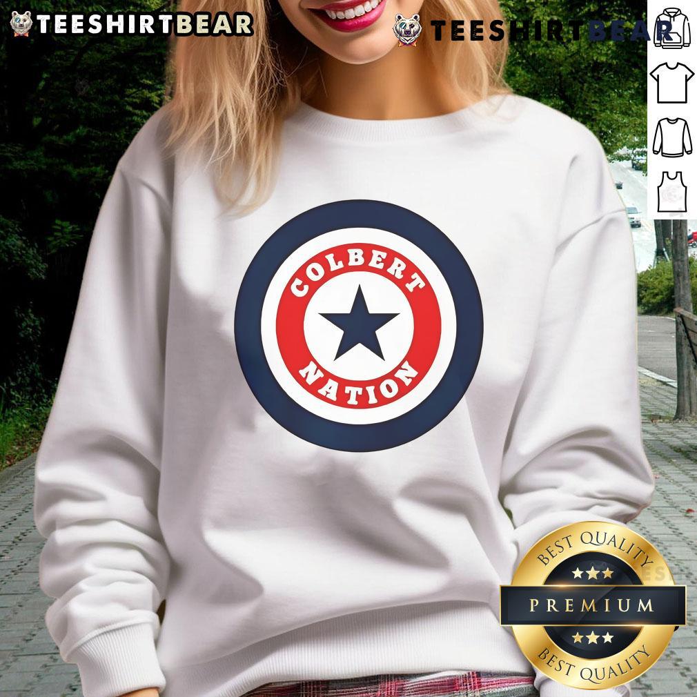 Good Colbert Nation Stephen Colbert 2025 logo sweatshirt featuring vibrant design and cozy fabric for fans.
