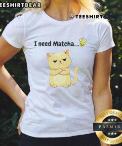 Good I Need Matcha Cat Ladies Tee featuring a cute cat graphic and vibrant matcha green color for cat lovers.