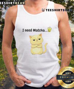 Alt Text: Cute cat graphic on a 'Good I Need Matcha' tank top, perfect for tea lovers and cat enthusiasts.