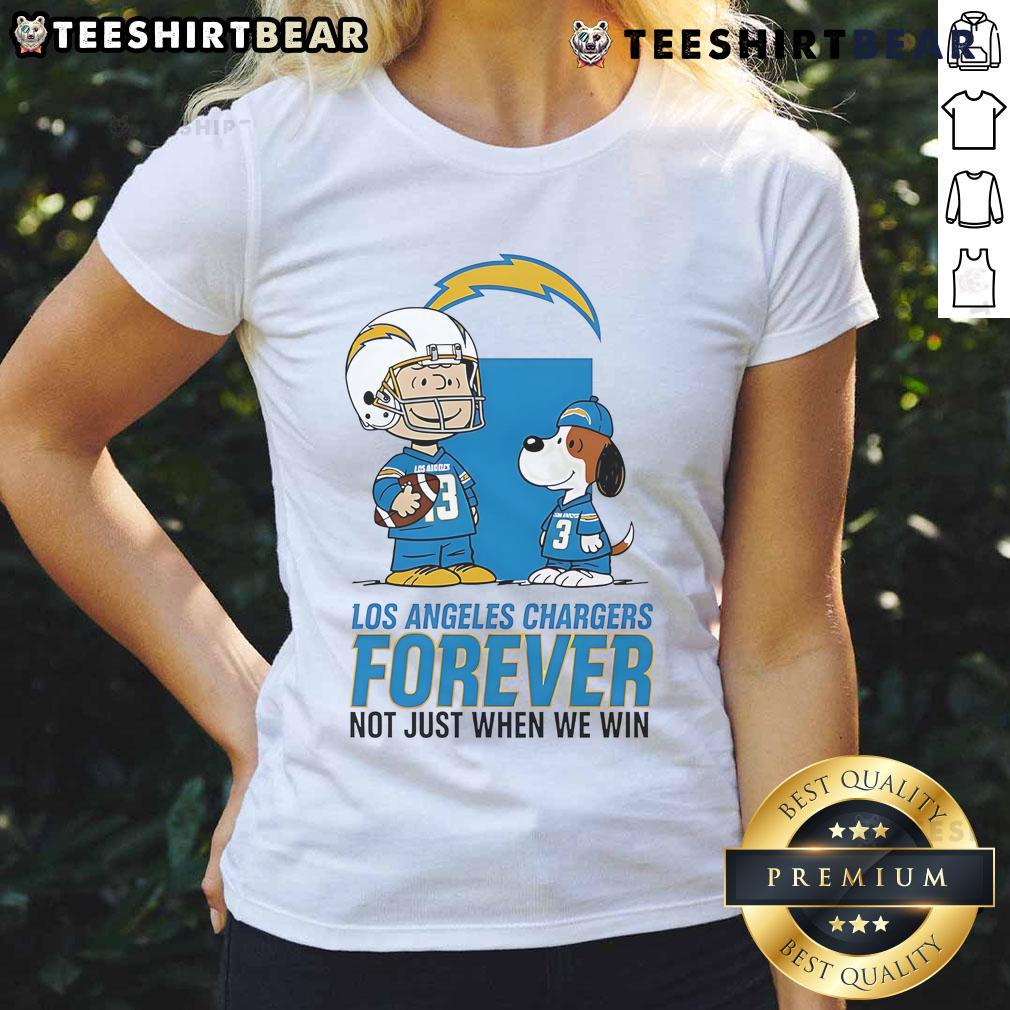 Good Los Angeles Chargers Charlie Brown Snoopy tee, featuring 'Chargers Forever Not Just When We Win' design for ladies.