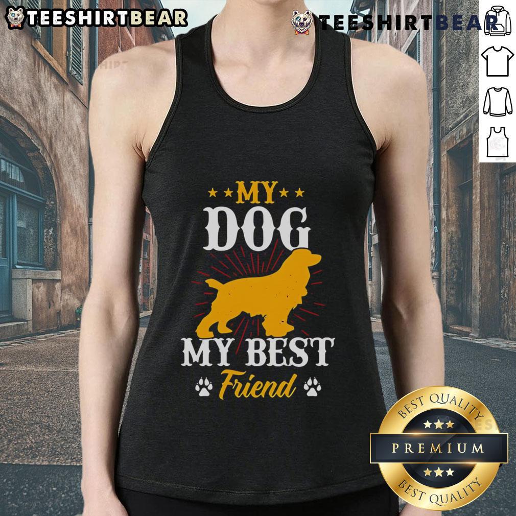 Woman wearing a 'Good My Dog My Best Friend' tank top, showcasing her love for dogs and stylish pet-themed fashion.