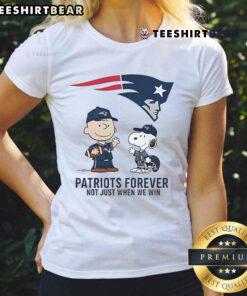 Good New England Patriots Charlie Brown Snoopy tee for ladies, celebrating Patriots pride all season, not just when winning.