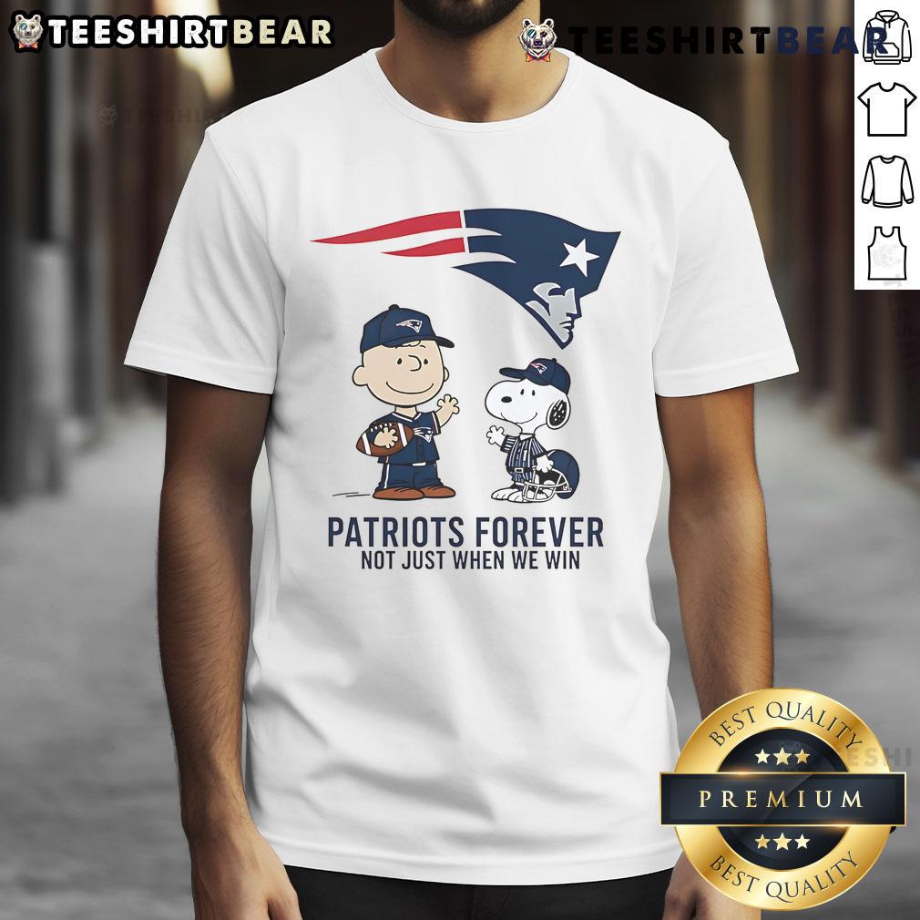 Alt Text: Charlie Brown and Snoopy in a New England Patriots t-shirt, Patriots Forever, Not Just When We Win.