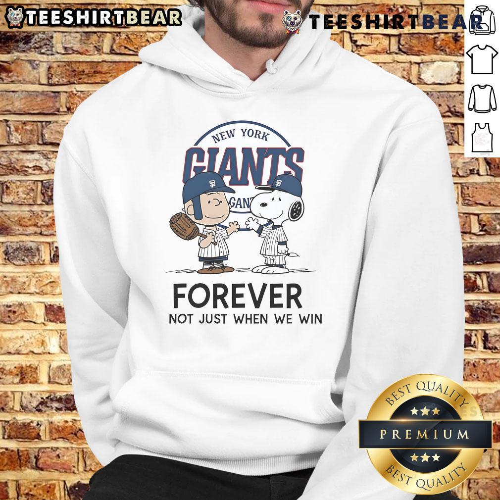 Good New York Giants hoodie featuring Charlie Brown and Snoopy with 'Giants Forever, Not Just When We Win' slogan.