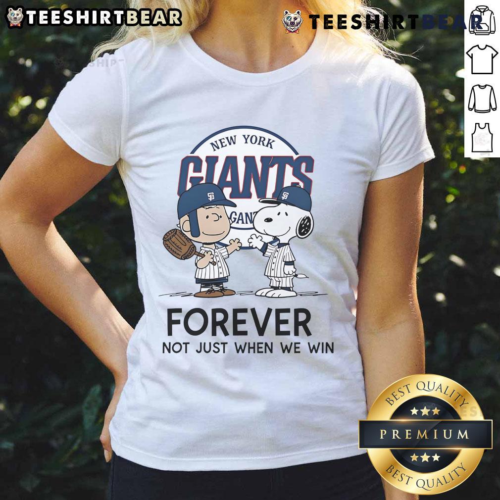 Good New York Giants Charlie Brown Snoopy tee for ladies, celebrating Giants fandom with 'Giants Forever' slogan.