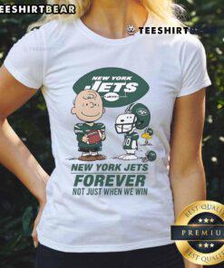 Good New York Jets Charlie Brown Snoopy Jets Forever ladies tee celebrating Jets fandom, perfect for game day.