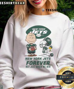 Good New York Jets Charlie Brown Snoopy Jets Forever sweatshirt celebrating Jets fandom and loyalty.