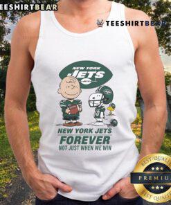 Good New York Jets Charlie Brown Snoopy tank top with 'Jets Forever Not Just When We Win' slogan, perfect for fans.